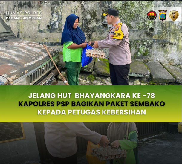 Jelang HUT Bhayangkara ke -78 kapolres PSP bagikan paket Sembako Kepada petugas kebersihan